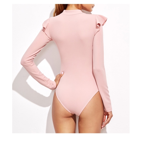 Blush Pink Mock Neck Long Sleeve Ruffle Bodysuit - Picture 3 of 7